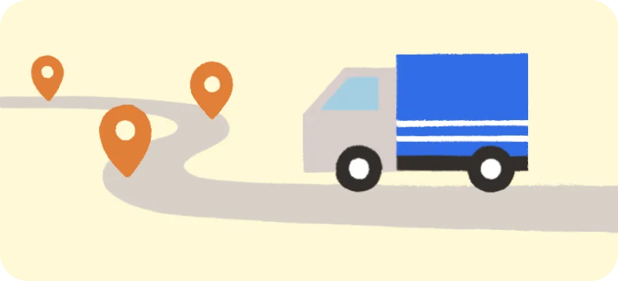 地図のピンが並ぶルートを走る配送トラックのイラスト